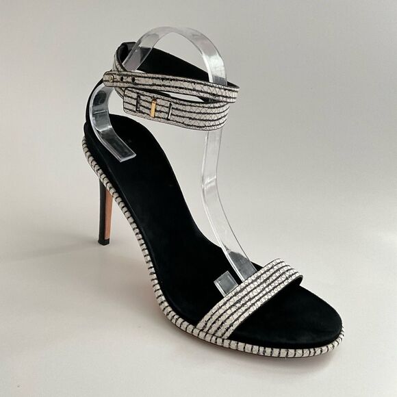 Cole Haan Leather Cyro Striped Snake Embossed Heeled Sandals Black White 10 - Picture 10 of 12